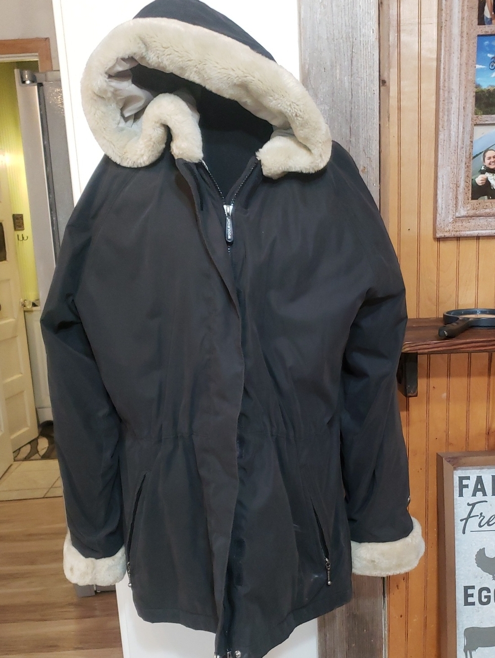 Woolrich Y2k Zip Up Woman Large Parka Jacket Black Faux Sherpa Hood And Wrists
